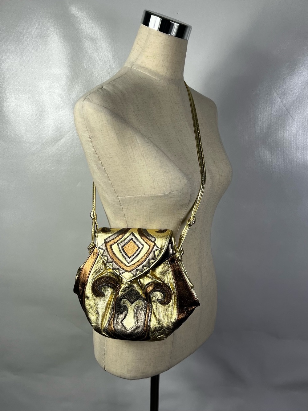 Viva of California 80s Vintage Bohemian Patchwork Gold Leather Crossbody Glam